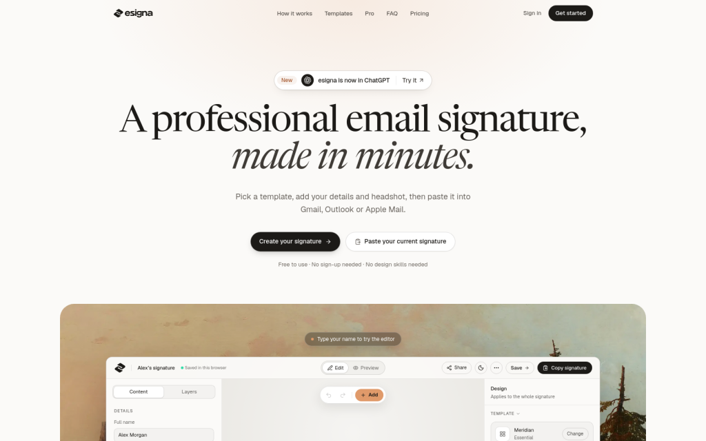 Page d’accueil eSigna avec la présentation du générateur de signatures email