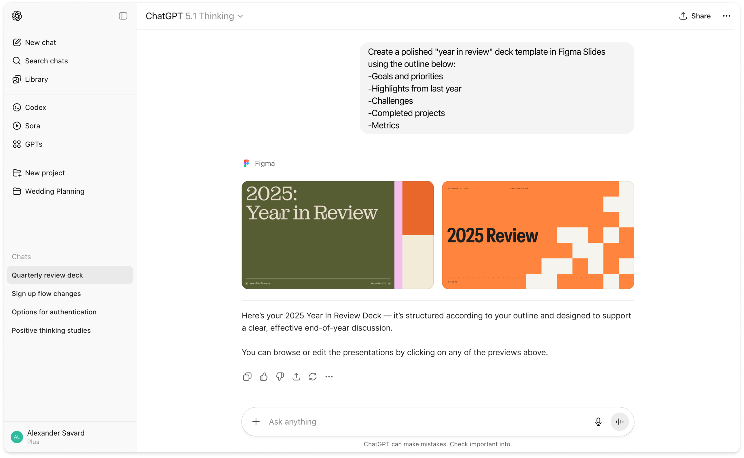 Deux propositions de présentations Figma Slides dans une conversation ChatGPT